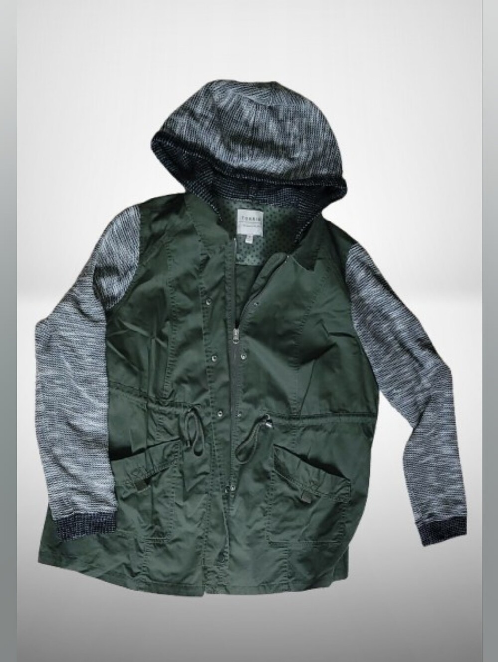 Torrid Army Green Hooded Jacket, Gray Knit Sleeves, Anorak Size 0x